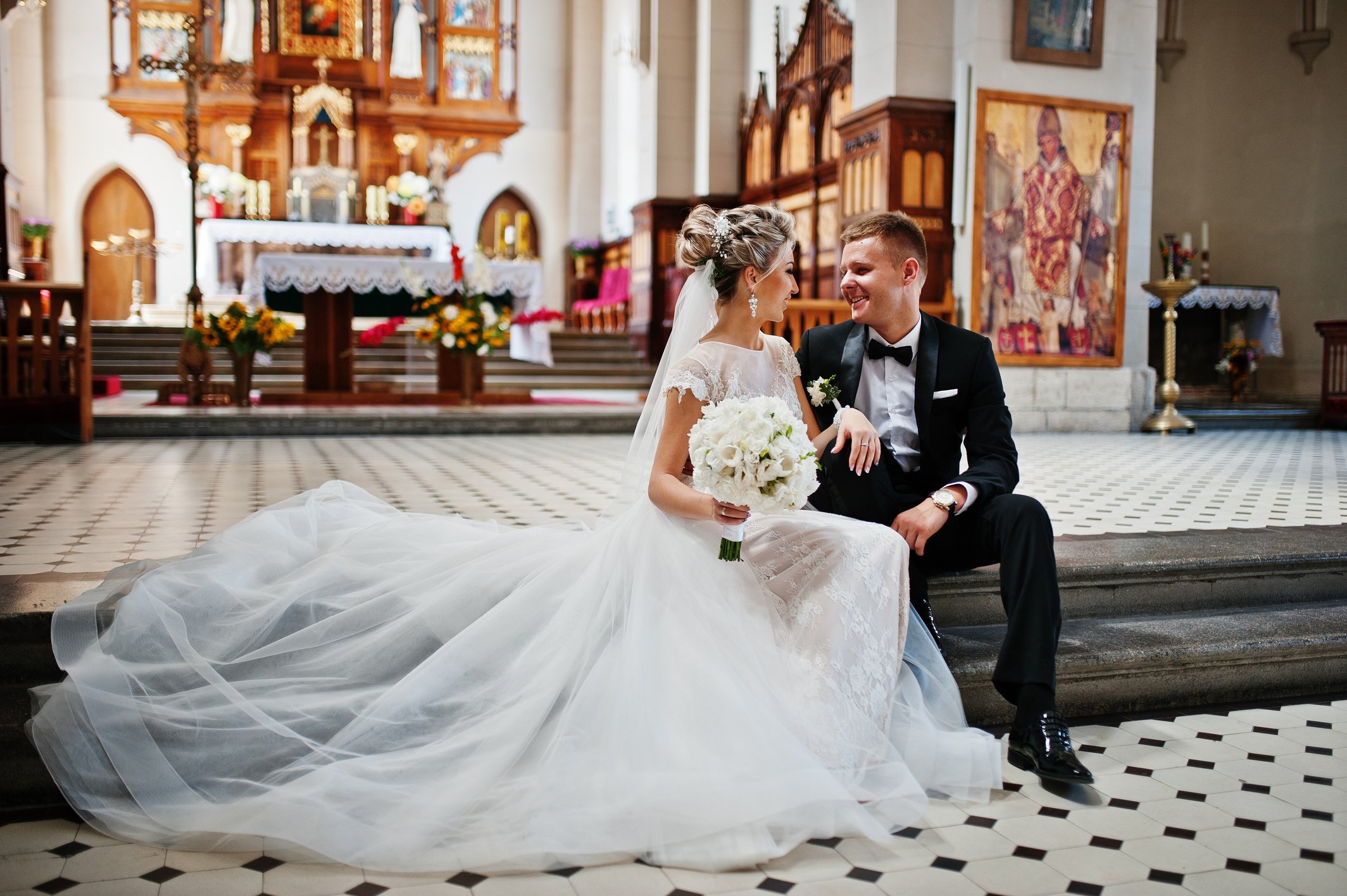 Wedding couple at catholic church